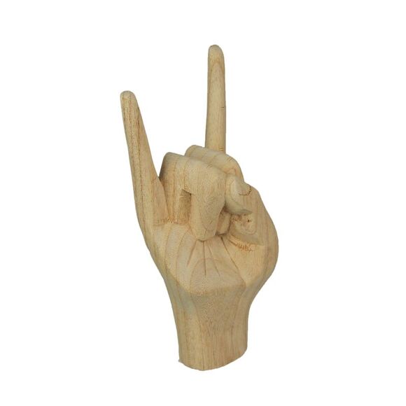 Carved Wooden Rock On Devil Horns Hand Gesture Statue Natural Finish Home Decor - Picture 2 of 7